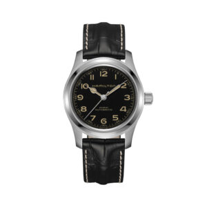 Hamilton, Khaki Field Murph with a 42mm stainless steel case and black leather strap featuring a black dial.