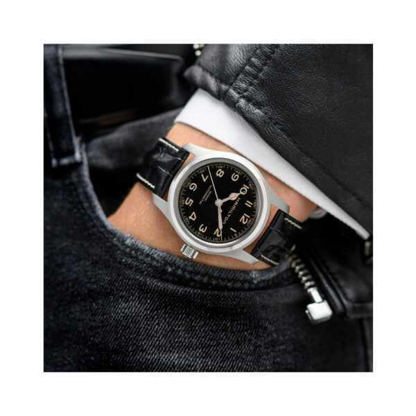 Hamilton, Khaki Field Murph with a 42mm stainless steel case and black leather strap featuring a black dial.