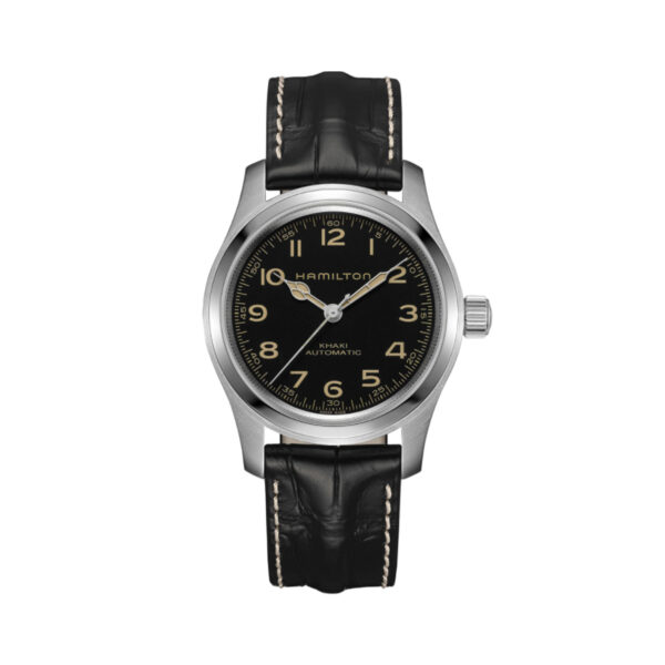 Hamilton, Khaki Field Murph with a 42mm stainless steel case and black leather strap featuring a black dial.