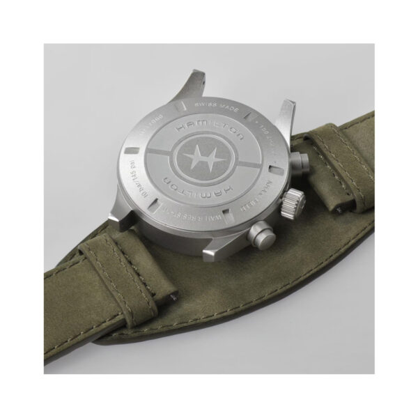 Hamilton, Khaki Field with a 44mm stainless steel case and a brown leather strap featuring a chronograph and a black dial.