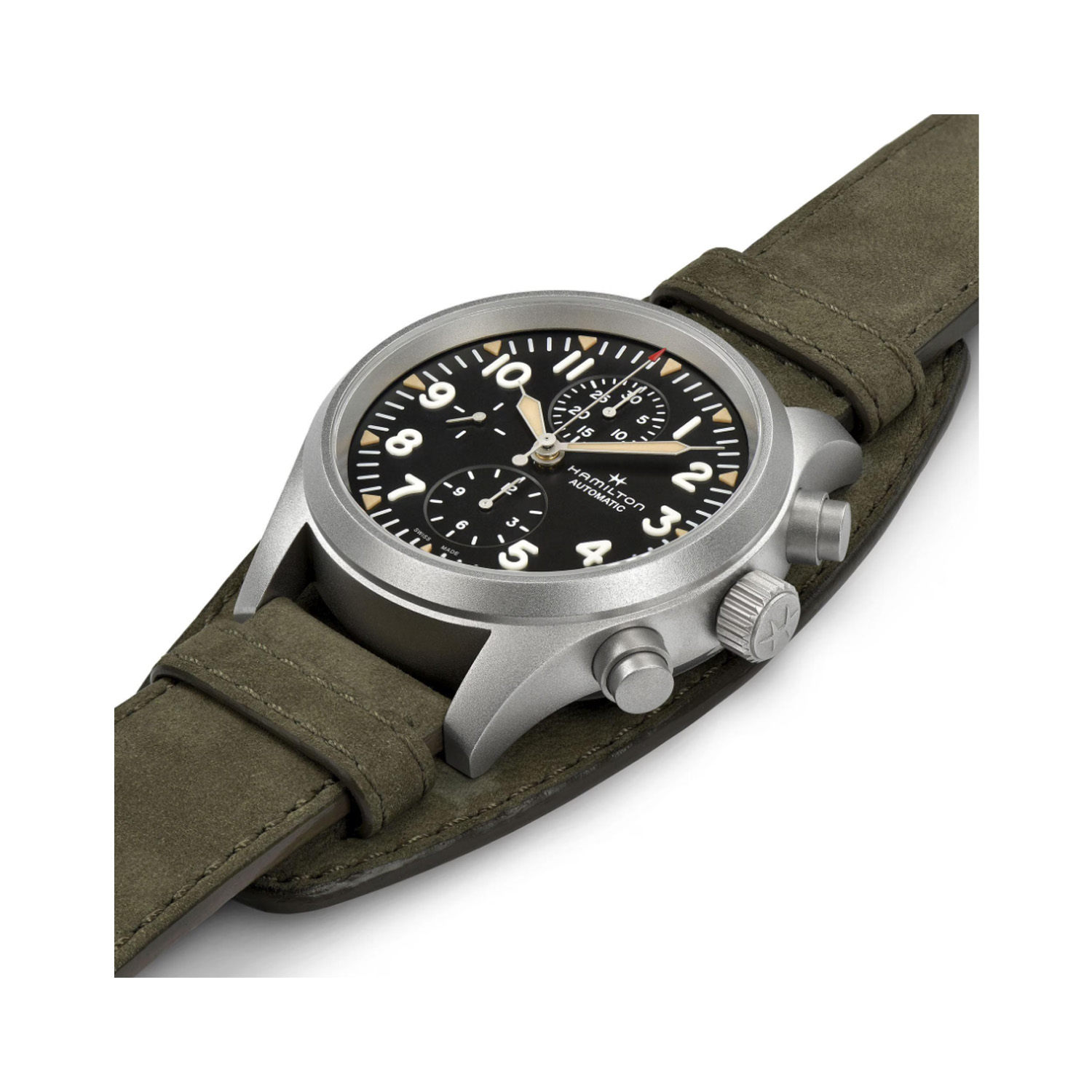 Hamilton, Khaki Field, Men's Automatic Watch Hamilton, Khaki Field with a 44mm stainless steel case and a brown leather strap featuring a chronograph and a black dial.
