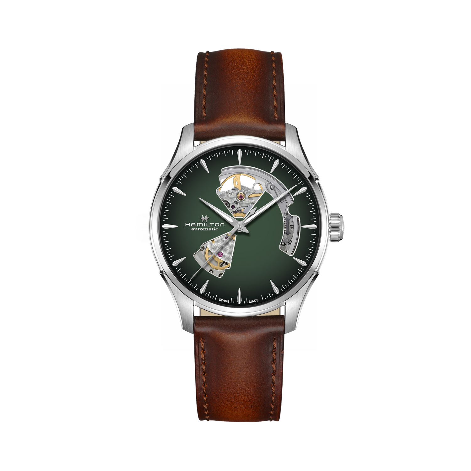 Hamilton, Jazzmaster Open Heart with a 40mm stainless steel case and brown leather strap featuring a green open dial.