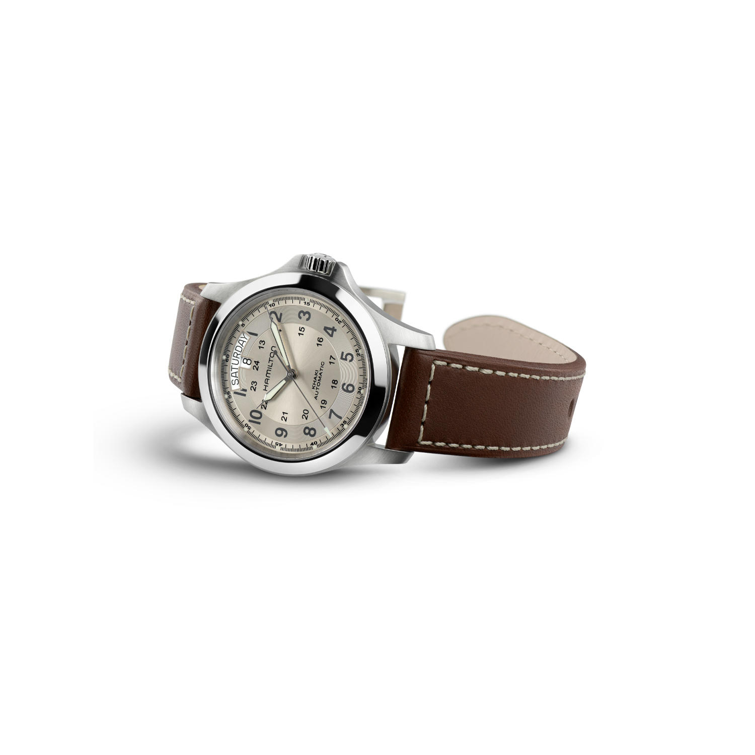 Hamilton, Khaki Field King with a 40mm stainless steel case and a brown leather strap featuring a day date function and a cream dial.