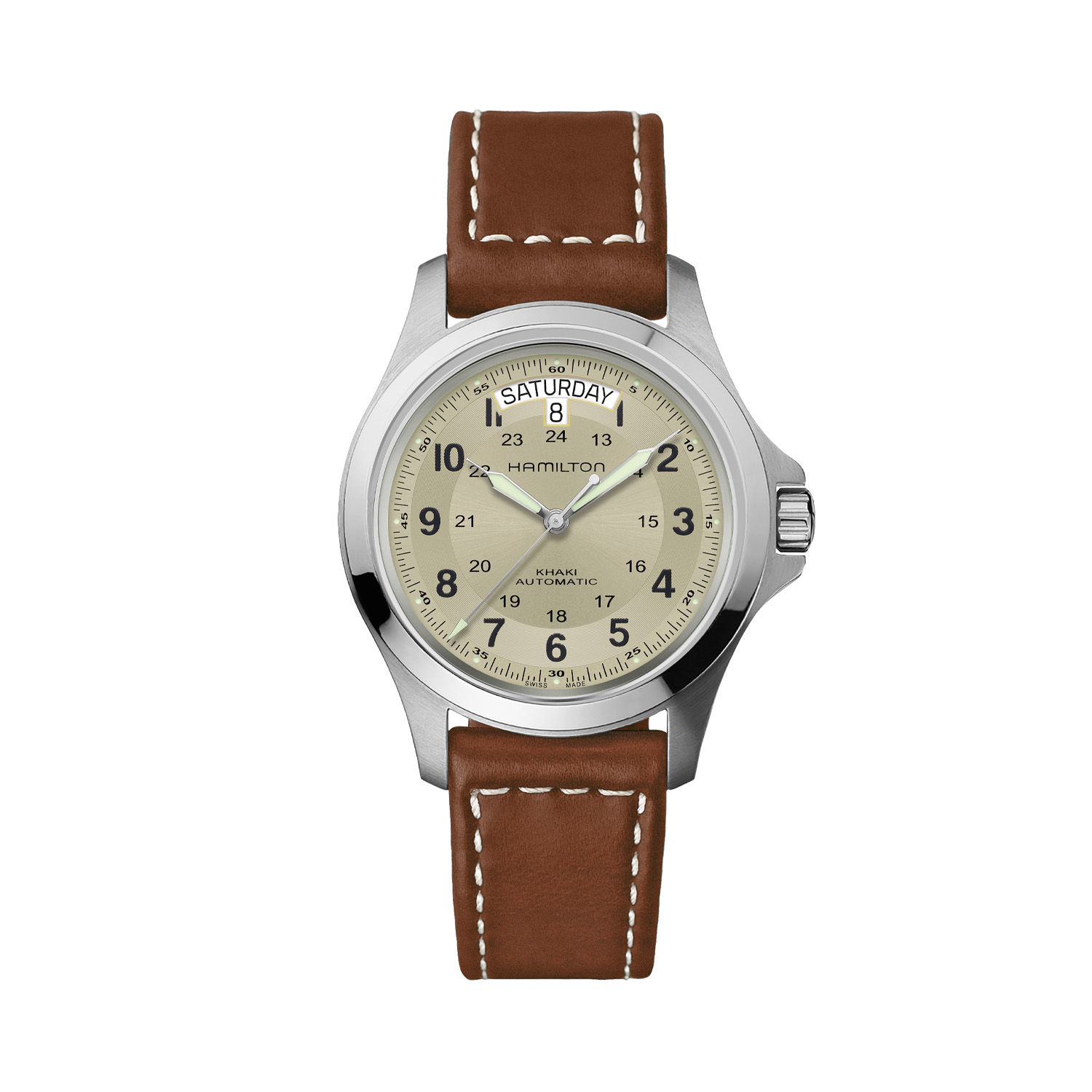 Hamilton, Khaki Field King with a 40mm stainless steel case and a brown leather strap featuring a day date function and a cream dial.