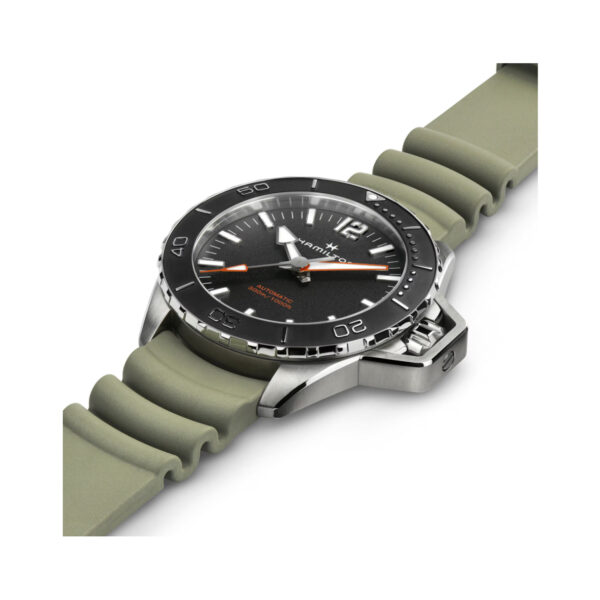 Hamilton, Khaki Navy Frogman with a 46mm stainless steel case and a green rubber strap featuring a black dial and bezel.