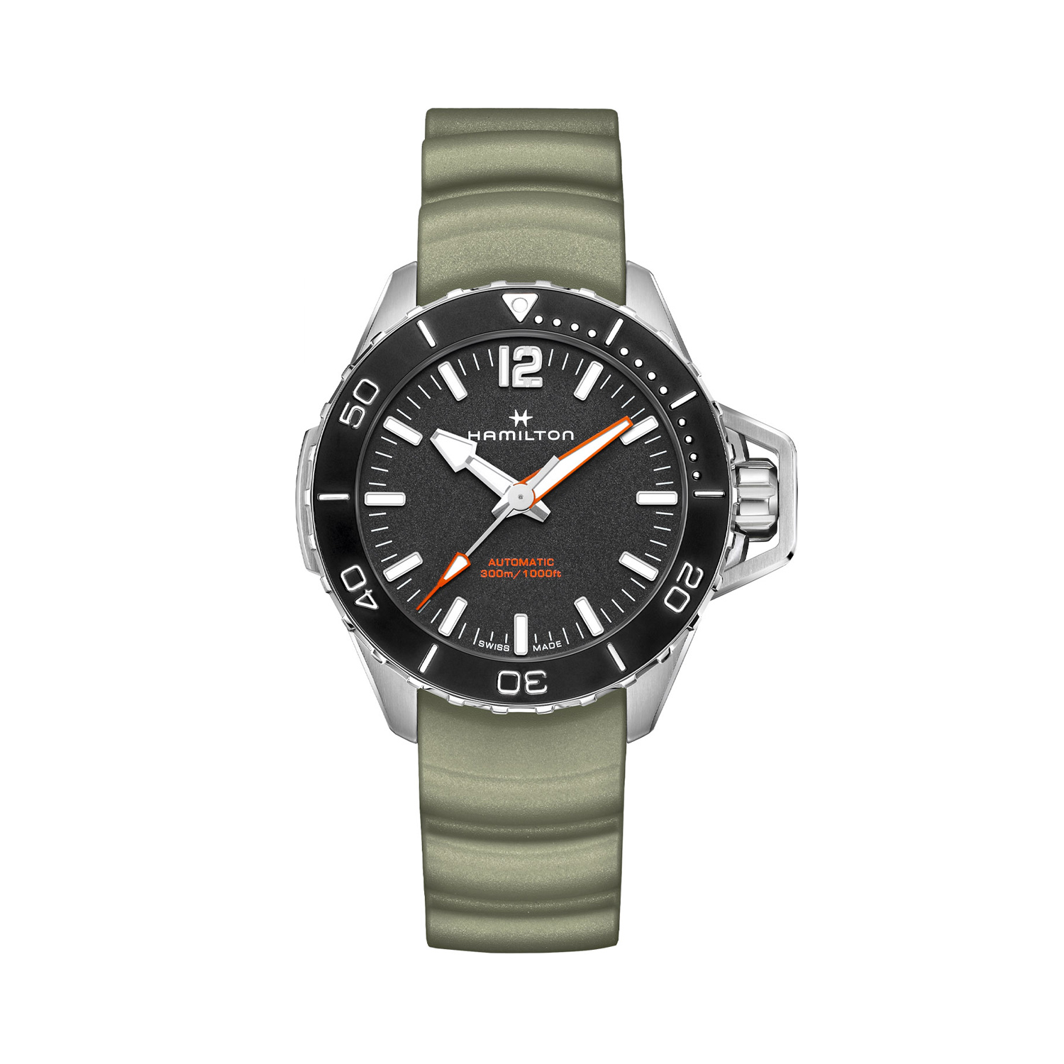Hamilton, Khaki Navy Frogman, Automatic Men's Watch.jpg Hamilton, Khaki Navy Frogman with a 46mm stainless steel case and a green rubber strap featuring a black dial and bezel.