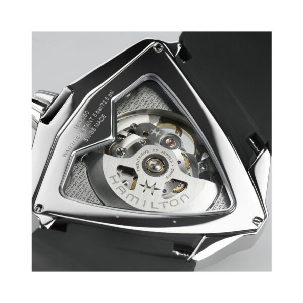 Hamilton, Ventura XXL Skeleton with a 46 x 46mm stainless steel case and a black rubber strap featuring a black skeleton dial.