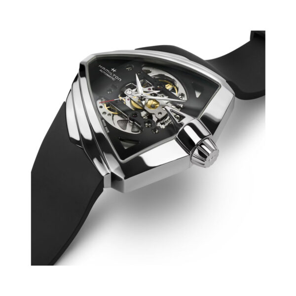 Hamilton, Ventura XXL Skeleton with a 46 x 46mm stainless steel case and a black rubber strap featuring a black skeleton dial.