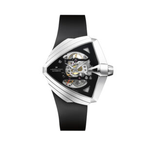 Hamilton, Ventura XXL Skeleton with a 46 x 46mm stainless steel case and a black rubber strap featuring a black skeleton dial.