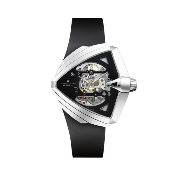 Hamilton, Ventura XXL Skeleton with a 46 x 46mm stainless steel case and a black rubber strap featuring a black skeleton dial.