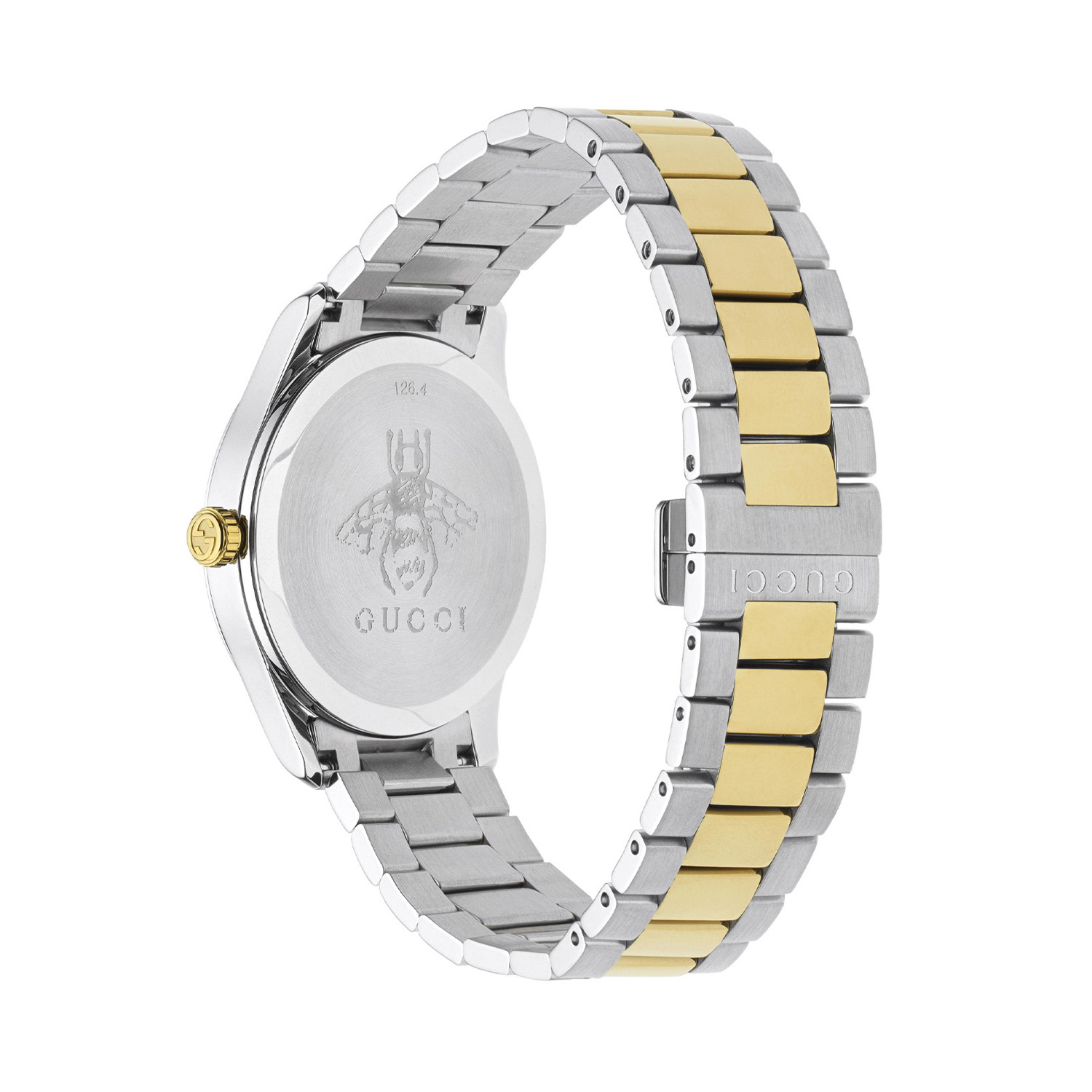 Gucci G-Timeless Silver, Quartz Unisex Watch Gucci G-Timeless with a 38mm stainless steel and yellow gold PVD coated case and bracelet strap featuring a cat design on a silver dial.