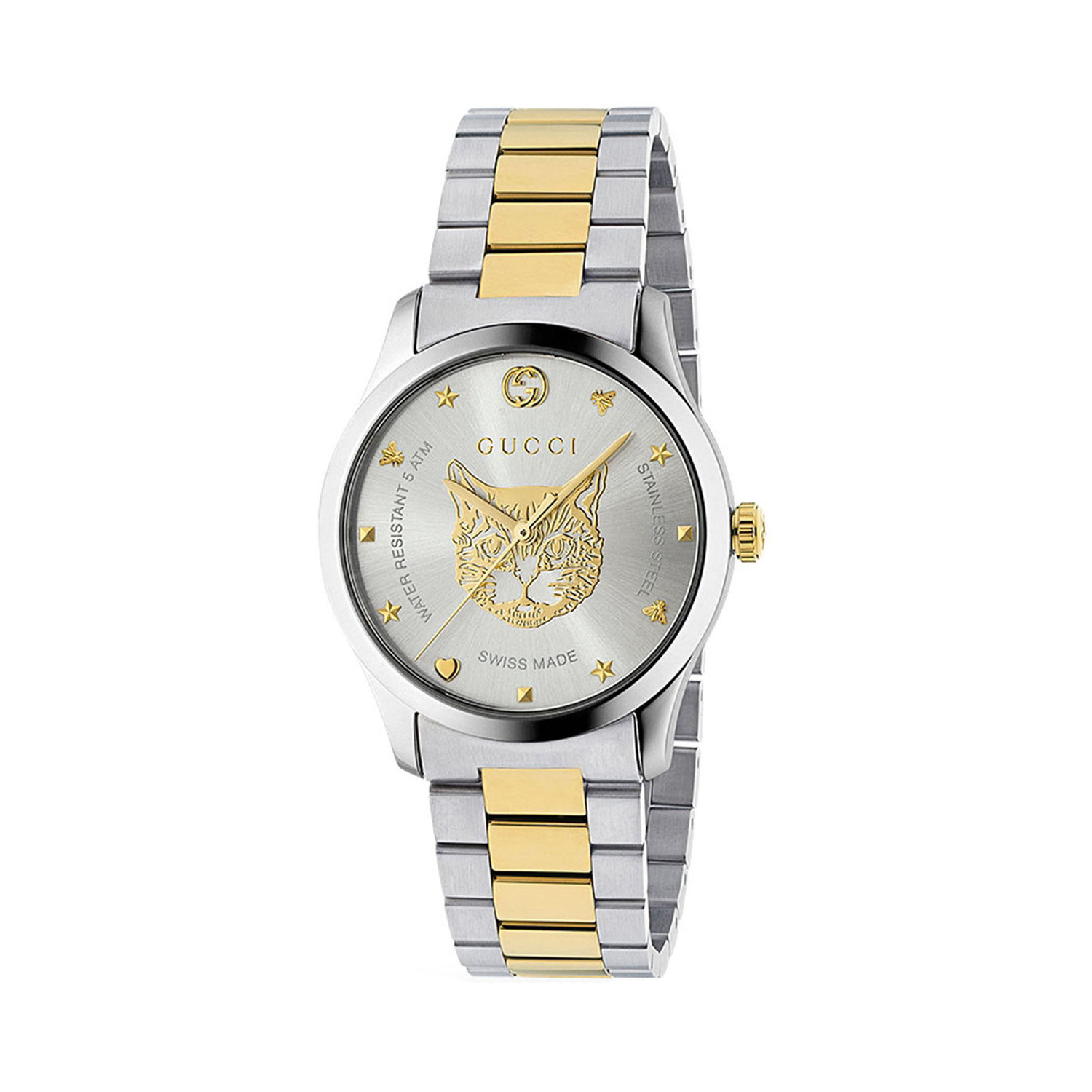 Gucci G-Timeless Silver, Quartz Unisex Watch Gucci G-Timeless with a 38mm stainless steel and yellow gold PVD coated case and bracelet strap featuring a cat design on a silver dial.