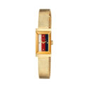 Gucci G-Frame with a 25 x 14mm stainless steel gold PVD plated case and bracelet strap with a white, red and blue coloured brass dial.