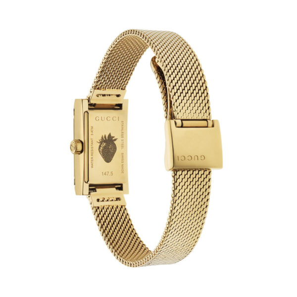 Gucci G-Frame with a 25 x 14mm stainless steel gold PVD plated case and bracelet strap with a white, red and blue coloured brass dial.