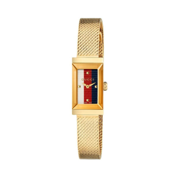 Gucci G-Frame with a 25 x 14mm stainless steel gold PVD plated case and bracelet strap with a white, red and blue coloured brass dial.