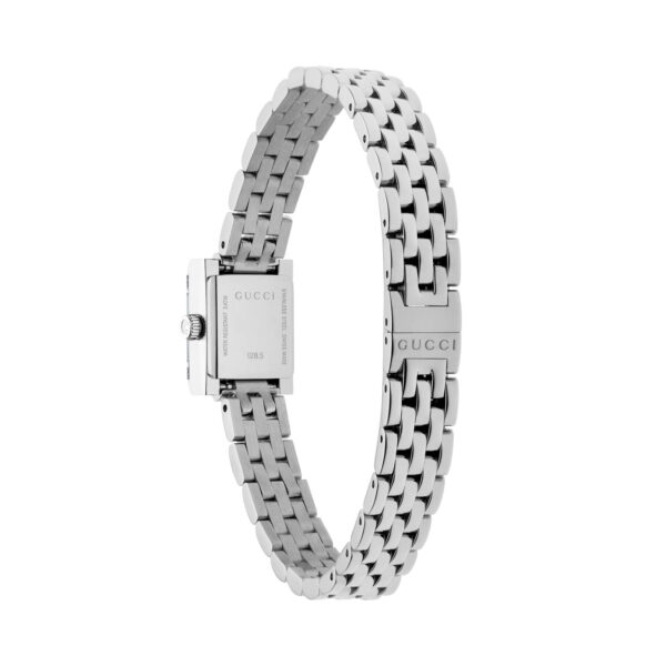 Gucci G-Frame with an 18 x 14mm small stainless steel case and bracelet strap featuring a diamond set black dial.