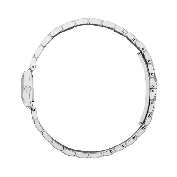 Gucci G-Frame with an 18 x 14mm small stainless steel case and bracelet strap featuring a diamond set black dial.