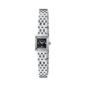 Gucci G-Frame with an 18 x 14mm small stainless steel case and bracelet strap featuring a diamond set black dial.