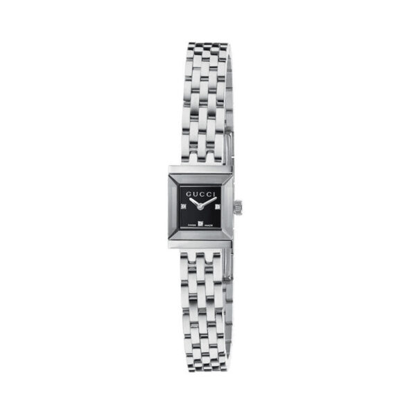 Gucci G-Frame with an 18 x 14mm small stainless steel case and bracelet strap featuring a diamond set black dial.