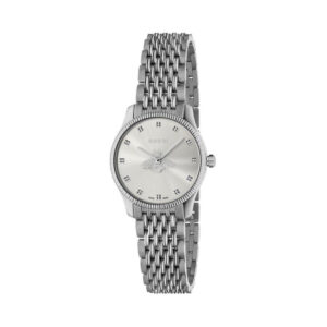 Gucci G-Timeless Slim with a 29mm stainless steel case and bracelet strap featuring a bee design and a silver sunbrushed dial.