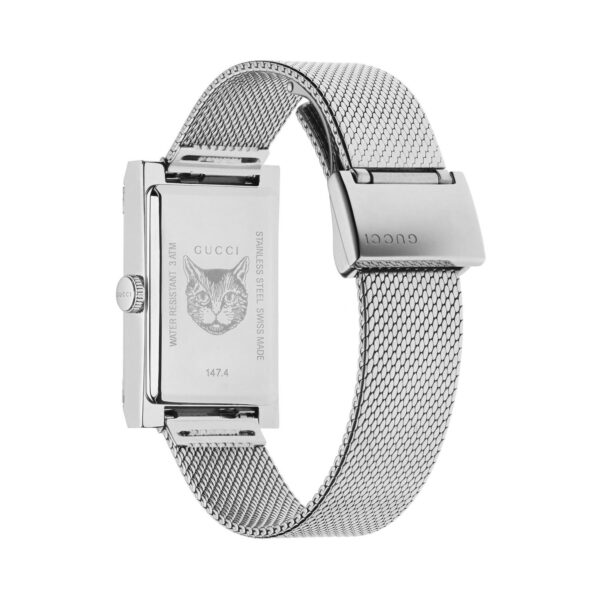 Gucci G-Frame with a 34 x 21mm stainless steel case and bracelet strap featuring a mother of pearl green and red dial.