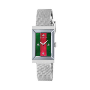 Gucci G-Frame with a 34 x 21mm stainless steel case and bracelet strap featuring a mother of pearl green and red dial.