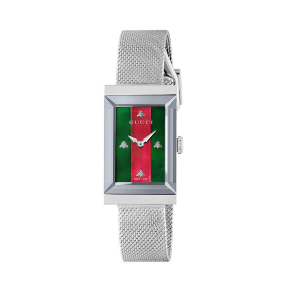 Gucci G-Frame with a 34 x 21mm stainless steel case and bracelet strap featuring a mother of pearl green and red dial.