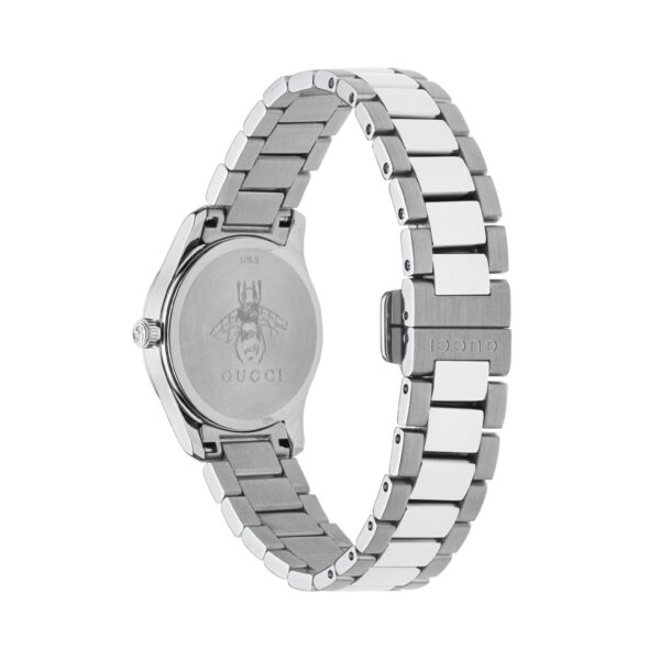 Gucci G-Timeless with a 27mm stainless steel case and bracelet strap featuring a cat design on a silver dial.