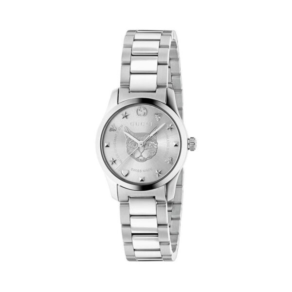 Gucci G-Timeless with a 27mm stainless steel case and bracelet strap featuring a cat design on a silver dial.