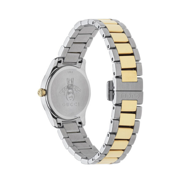 Gucci G-Timeless with a 27mm stainless steel and yellow gold PVD coated case and bracelet strap featuring a silver dial with the cat's head emblem.
