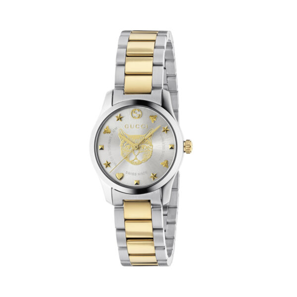 Gucci G-Timeless with a 27mm stainless steel and yellow gold PVD coated case and bracelet strap featuring a silver dial with the cat's head emblem.