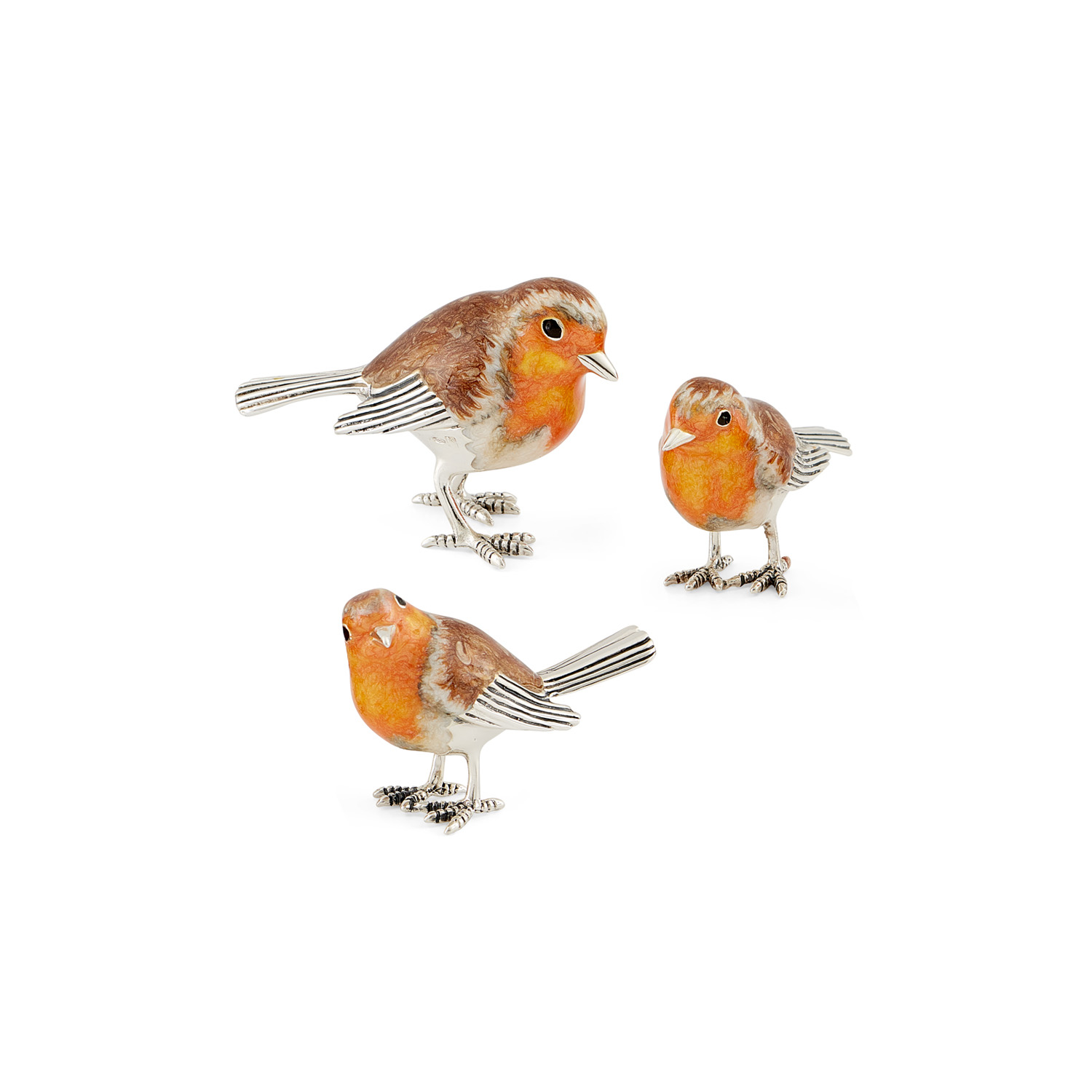 A sterling silver robin figurine with its tail down by Saturno by Francis Howard.