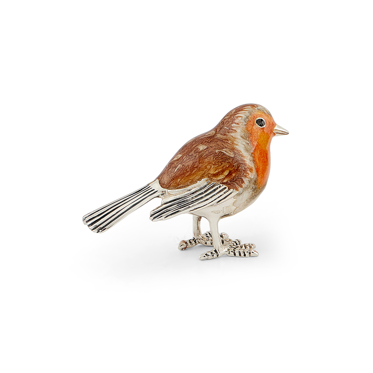 A sterling silver robin figurine with its tail down by Saturno by Francis Howard.