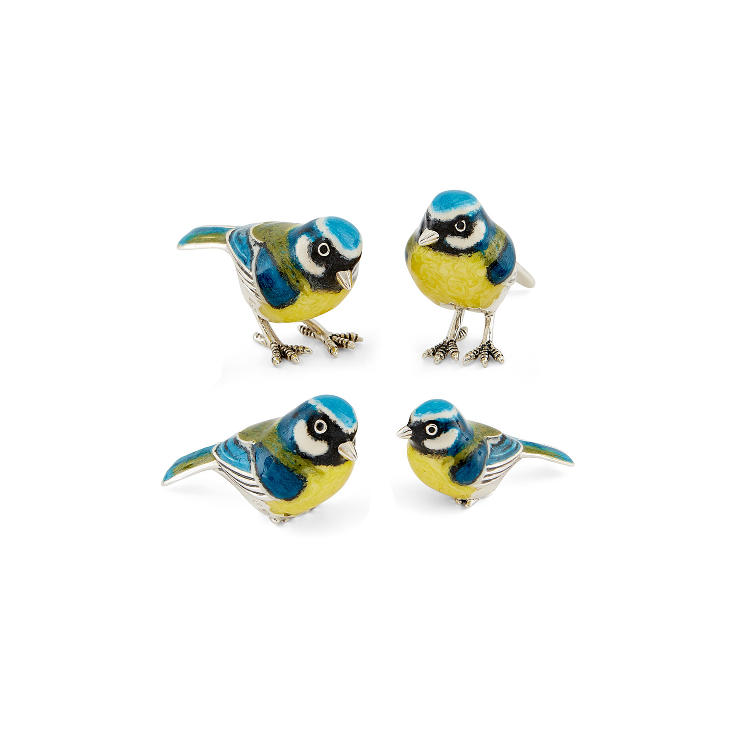 A sterling silver blue tit figurine with its tail pointing up from Saturno by Francis Howard.