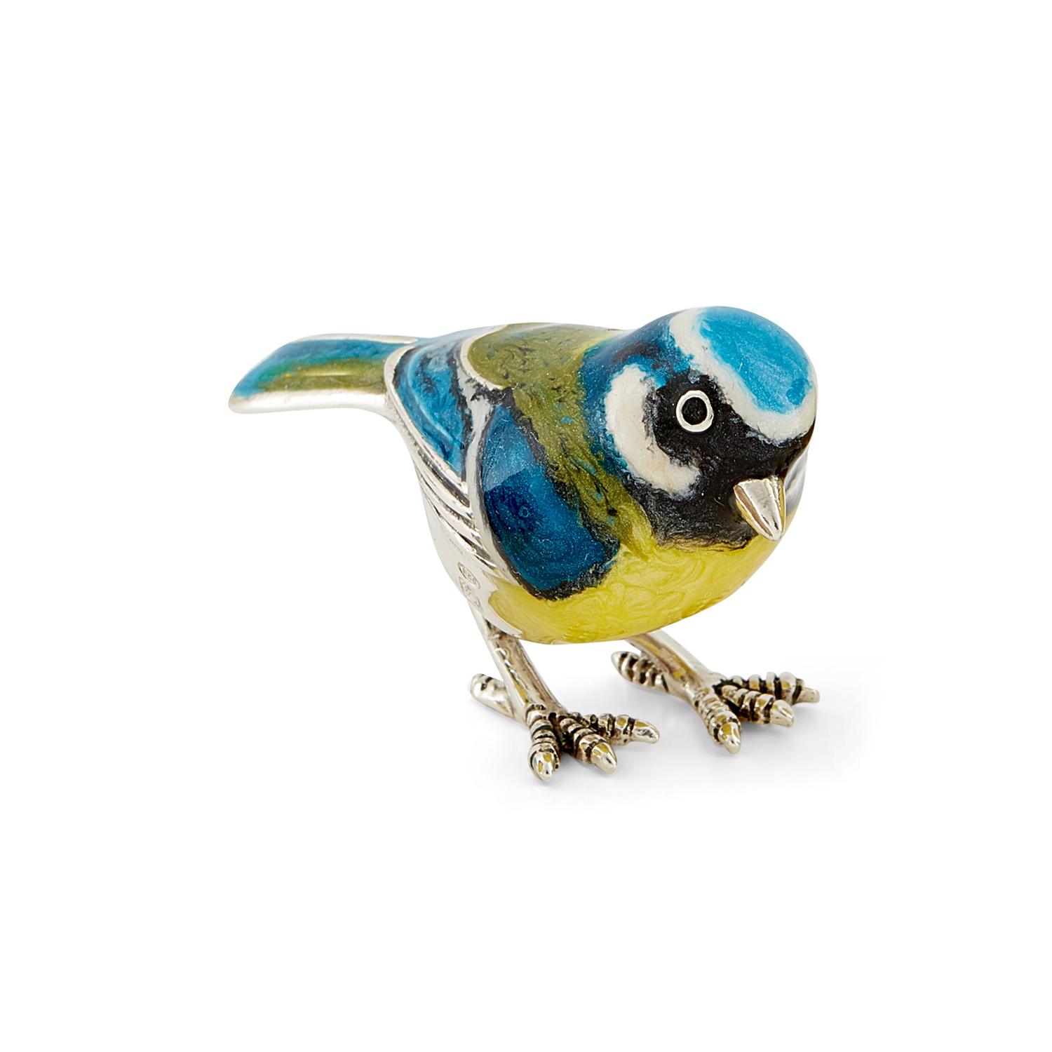 A sterling silver blue tit figurine with its tail pointing up from Saturno by Francis Howard.