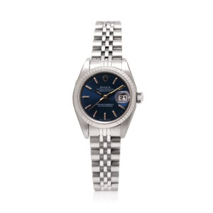 Rolex, Datejust with a 26mm white Rolesor case with a Jubilee bracelet featuring a date function and a blue index dial.