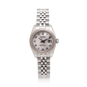 Rolex, Daejust with a 26mm white Rolesor case with a Jubilee bracelet featuring a date function and a mother of pearl arabic numeral dial.