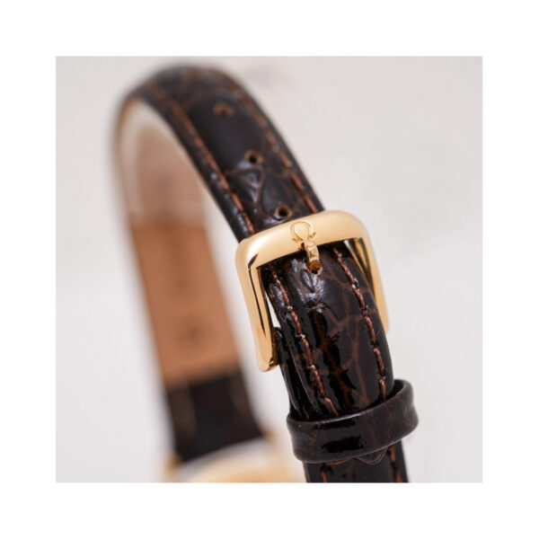 OMEGA, De Ville with a 24mm yellow gold case and a black leather strap featuring a silver coloured dial.