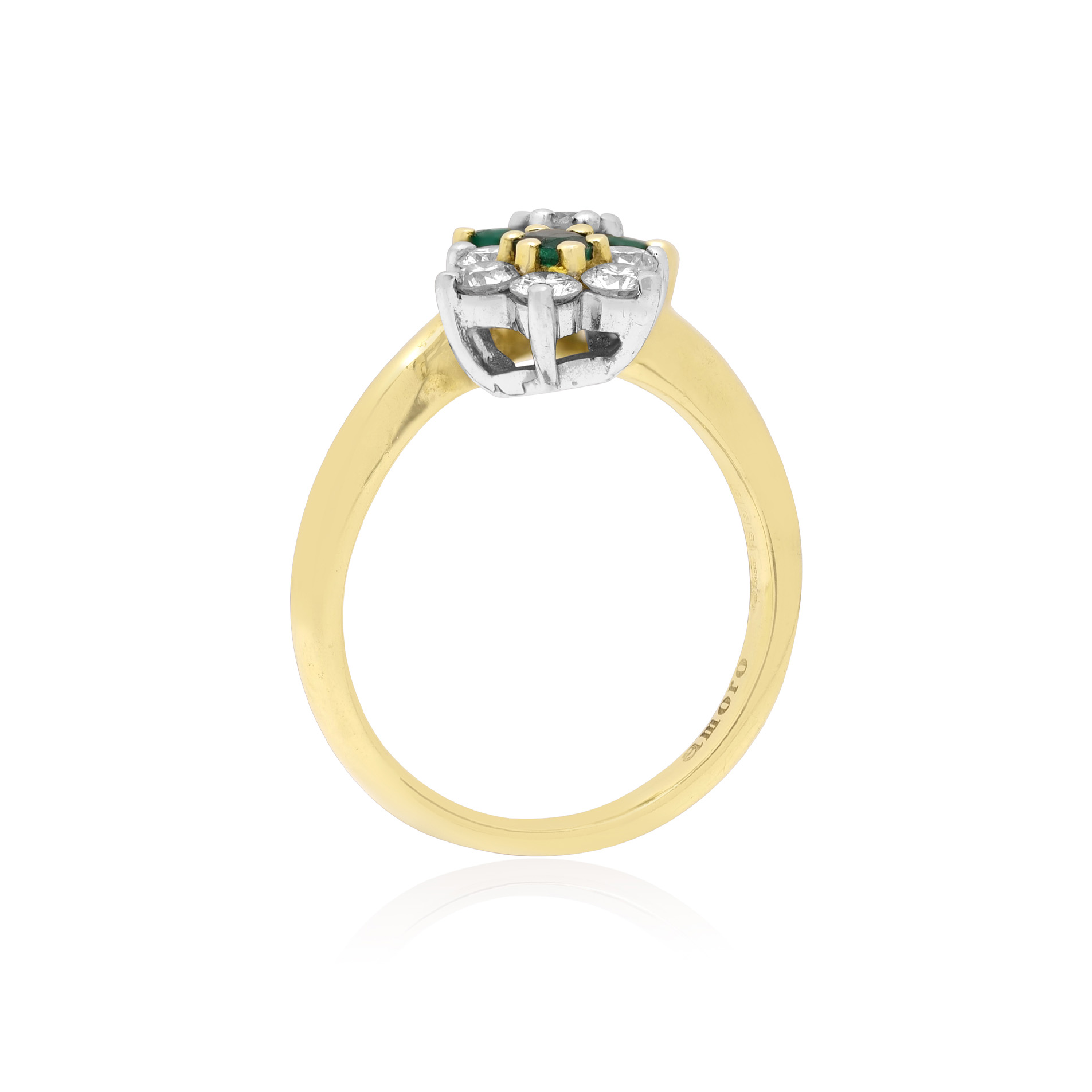 14ct Yellow & White Gold Emerald & Diamond Double Cluster Ring A 14ct yellow and white gold emerald and round brilliant cut diamond flower style double cluster ring.