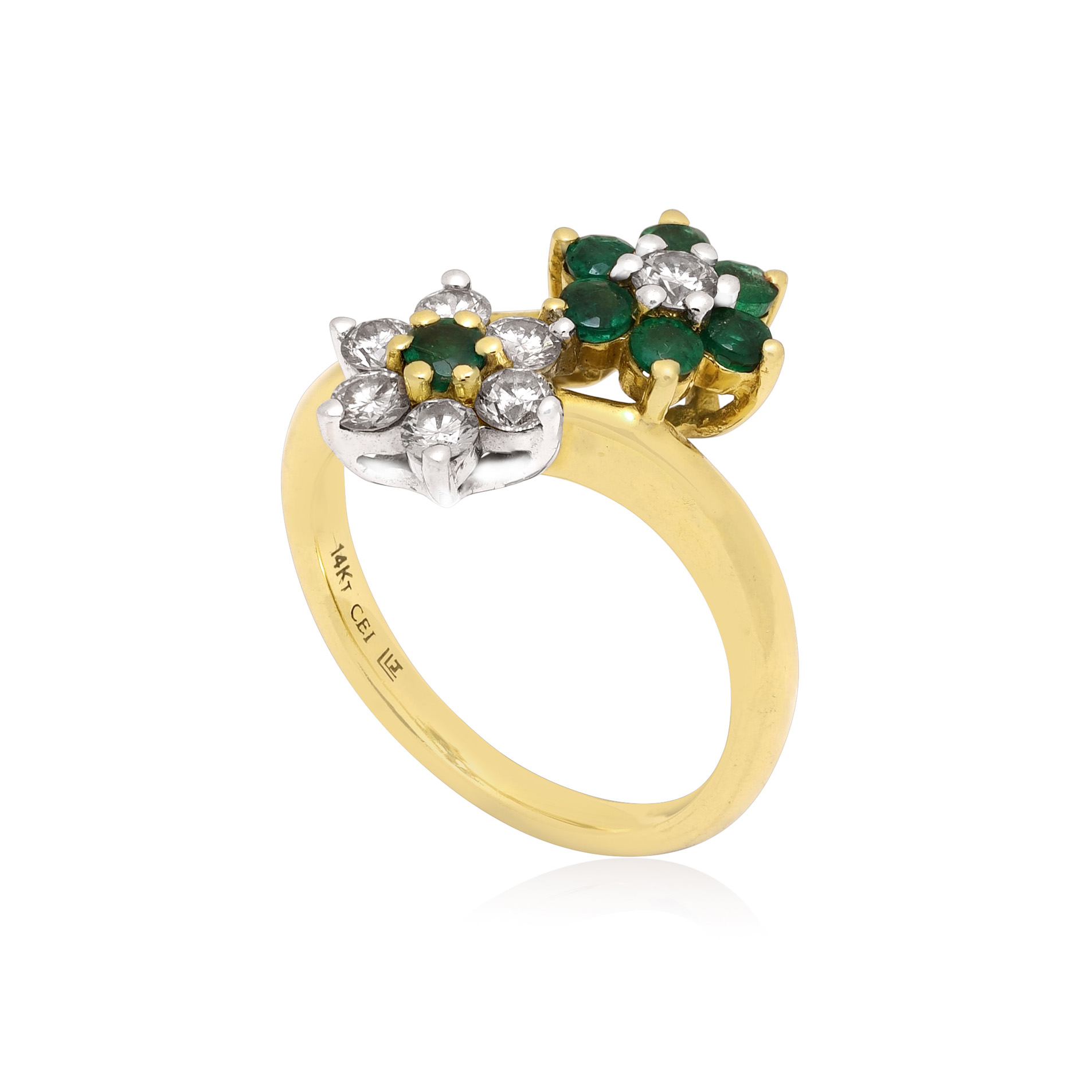 14ct Yellow & White Gold Emerald & Diamond Double Cluster Ring A 14ct yellow and white gold emerald and round brilliant cut diamond flower style double cluster ring.