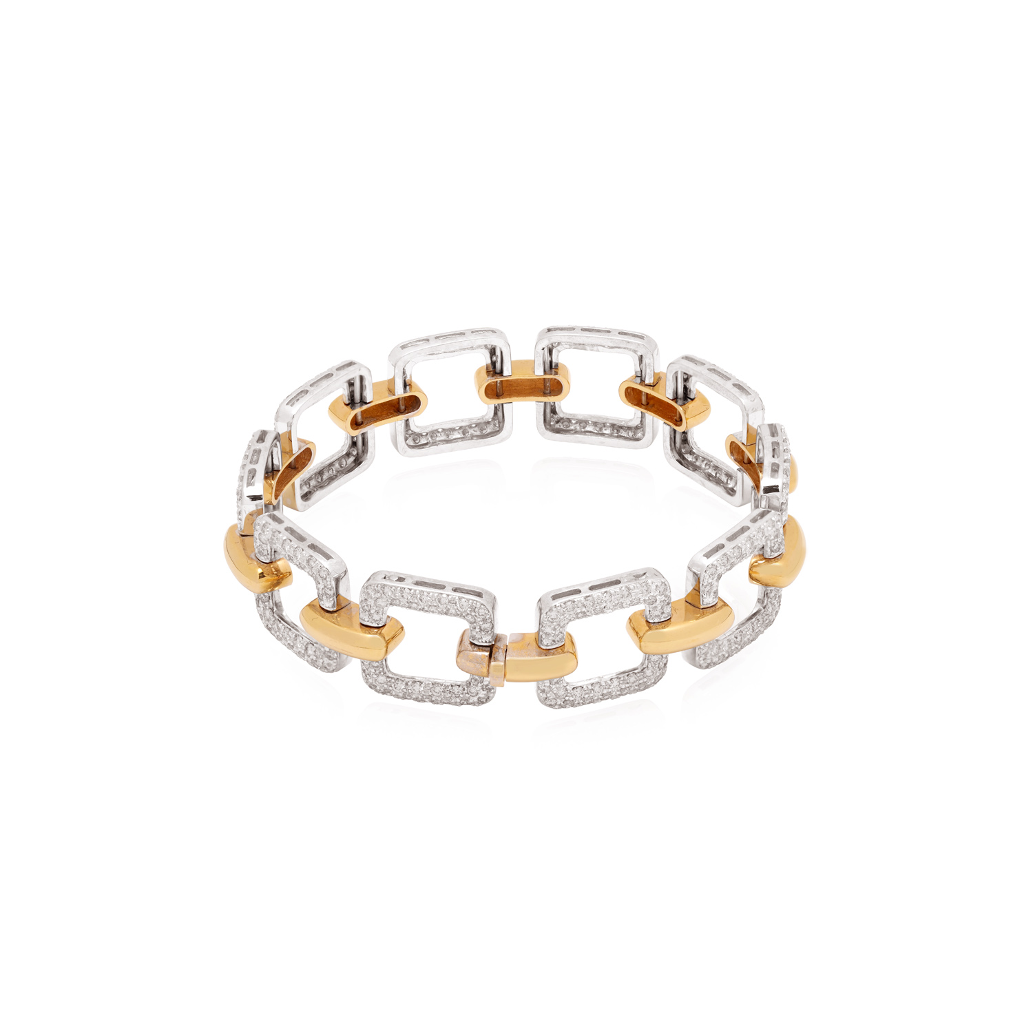 An 18ct rose and white gold round brilliant cut diamond set square link bracelet.