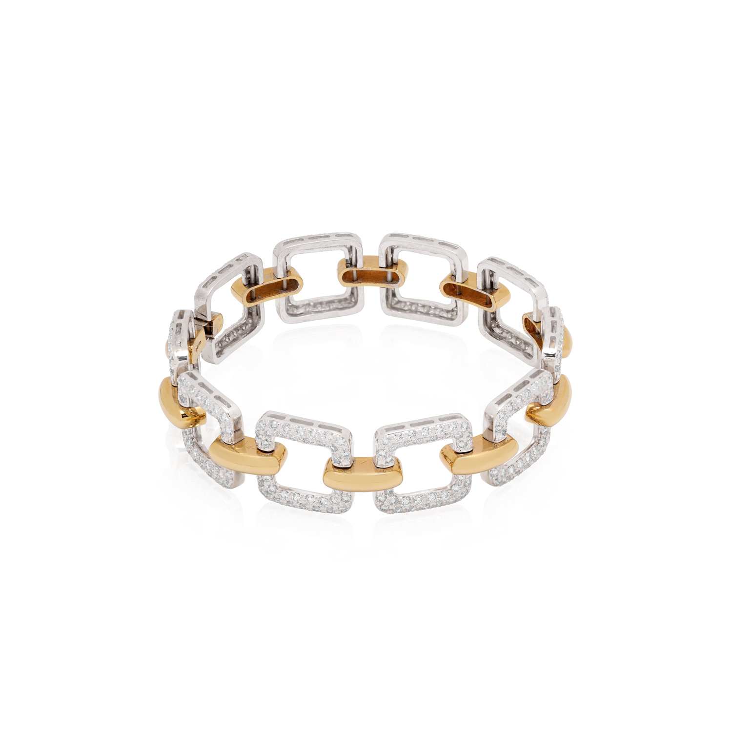 An 18ct rose and white gold round brilliant cut diamond set square link bracelet.