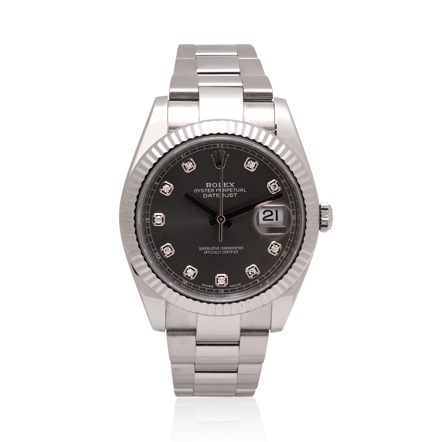 Rolex, Datejust with a 41mm white Rolesor case with an Oyster bracelet featuring a diamond set slate coloured dial with a fluted bezel.