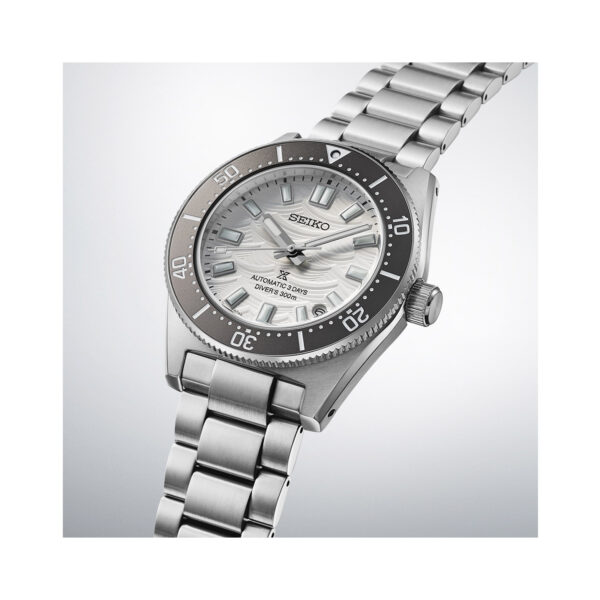 Seiko, Prospex 1965 Heritage Diver’s 60th Anniversary Limited Edition with a 40mm stainless steel case and bracelet strap featuring a date function on a silver dial.