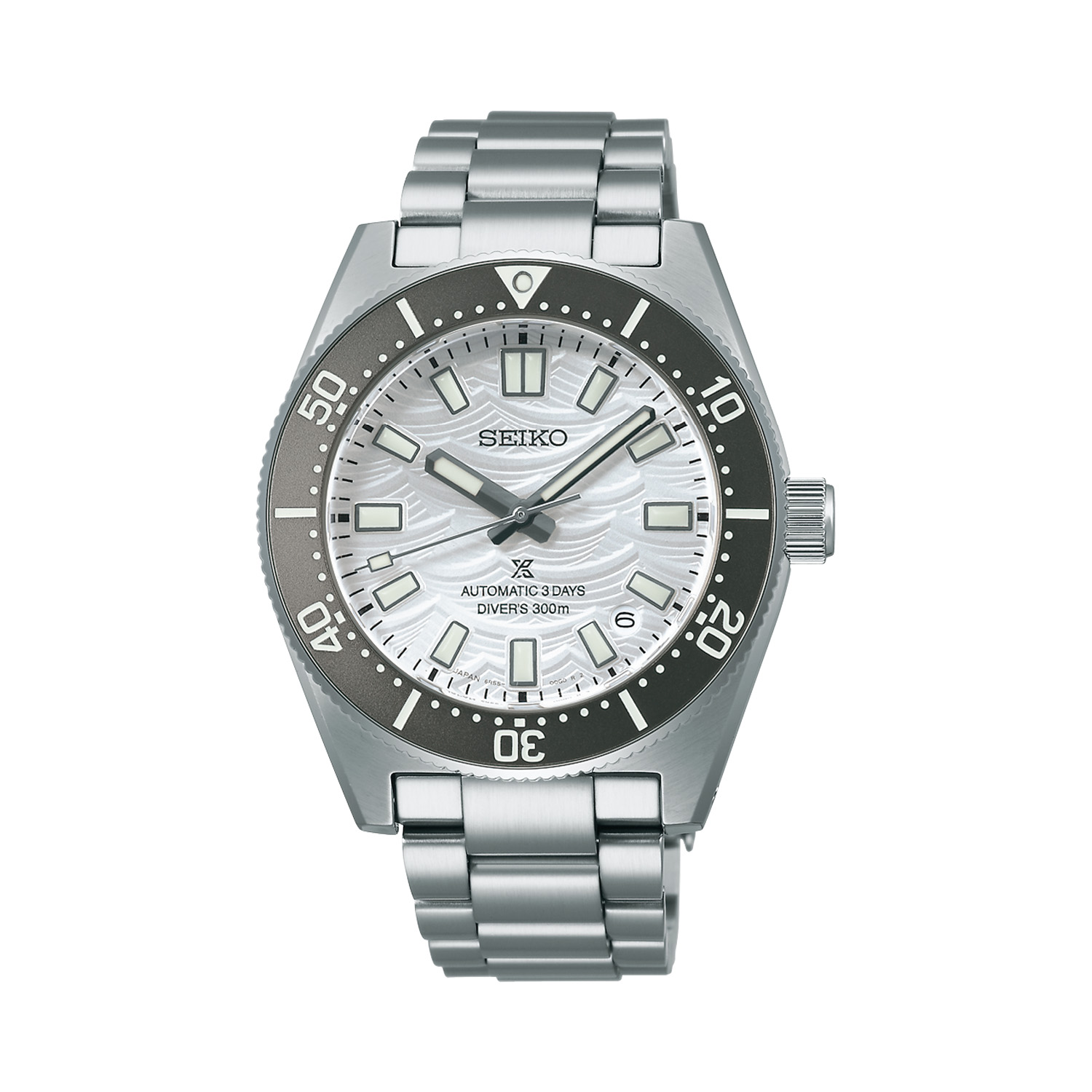 Seiko, Prospex 1965 Heritage Diver’s 60th Anniversary Limited Edition with a 40mm stainless steel case and bracelet strap featuring a date function on a silver dial.