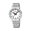 Mondaine, stop2go with a 41mm stainless steel case and bracelet strap featuring a white dial.
