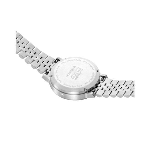 Mondaine, stop2go with a 41mm stainless steel case and bracelet strap featuring a white dial.