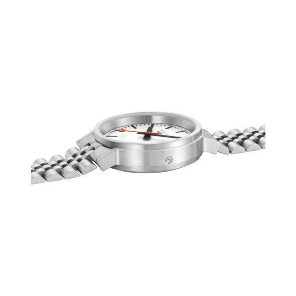 Mondaine, stop2go with a 41mm stainless steel case and bracelet strap featuring a white dial.