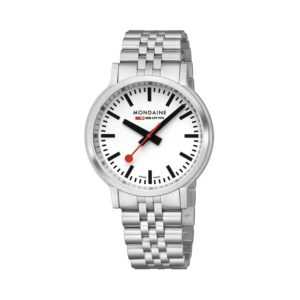 Mondaine, stop2go with a 41mm stainless steel case and bracelet strap featuring a white dial.
