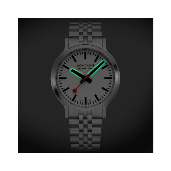Mondaine, stop2go with a 41mm stainless steel case and bracelet strap featuring a white dial.